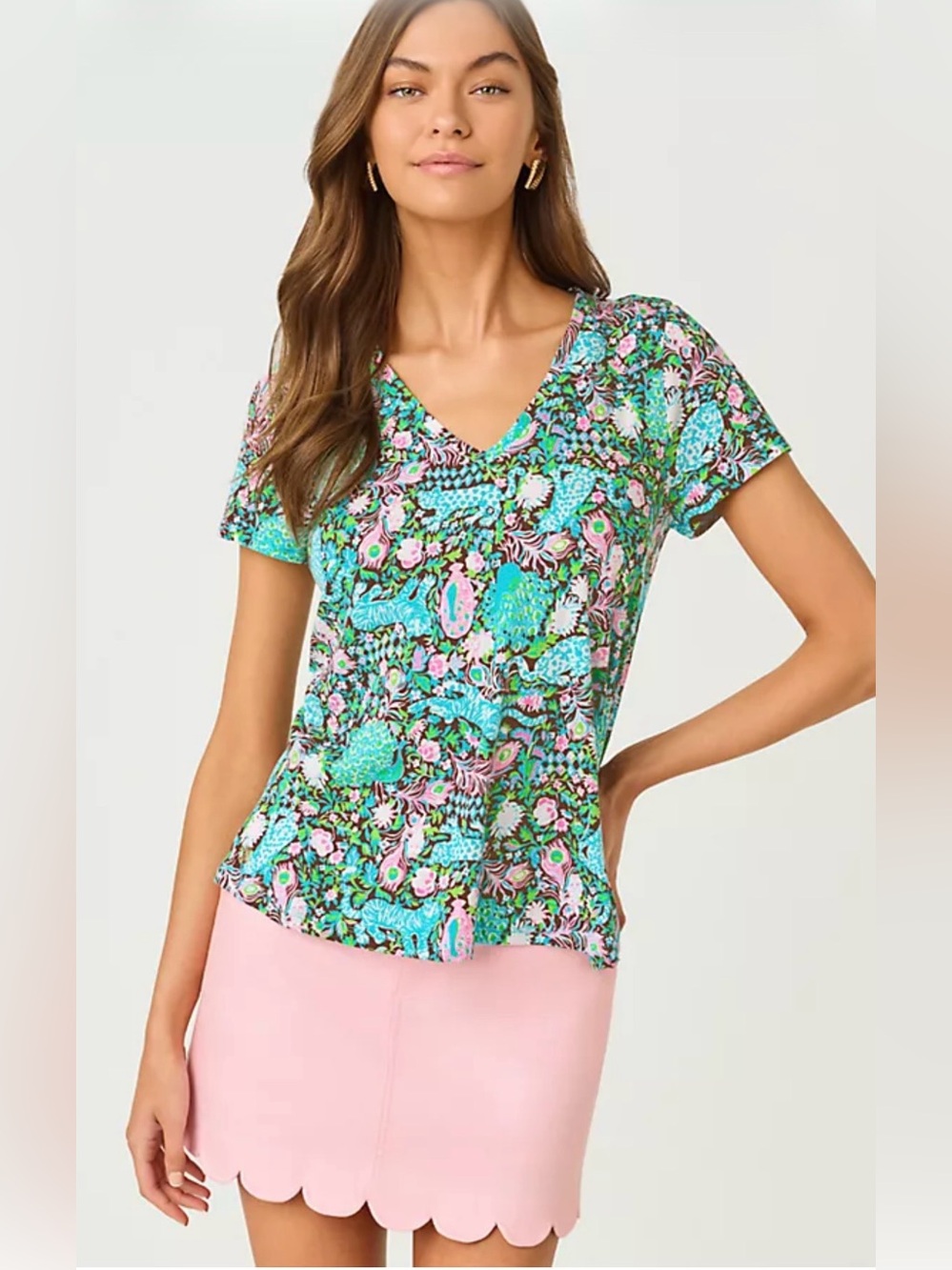 Lilly Pulitzer Green Multi V-Neck Short Sleeve Floral Tee Size S New with tags!